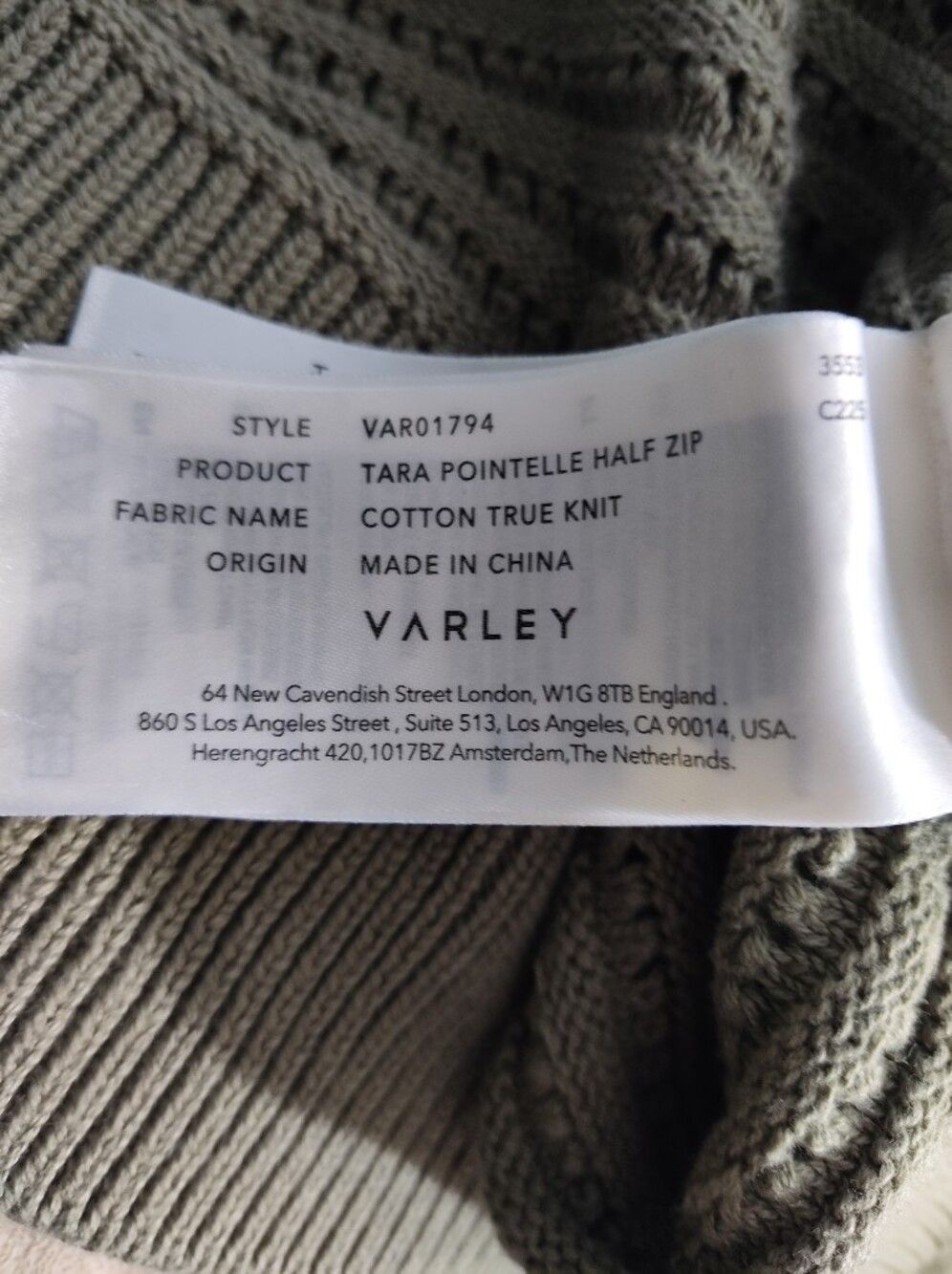 VARLEY Tara Pointelle Half-Zip Cotton Knit Sweater Sage Green XL - Picture 11 of 13